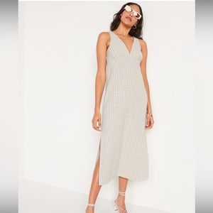 Old Navy Gingham Linen Midi Dress Beige & White - Medium Petite